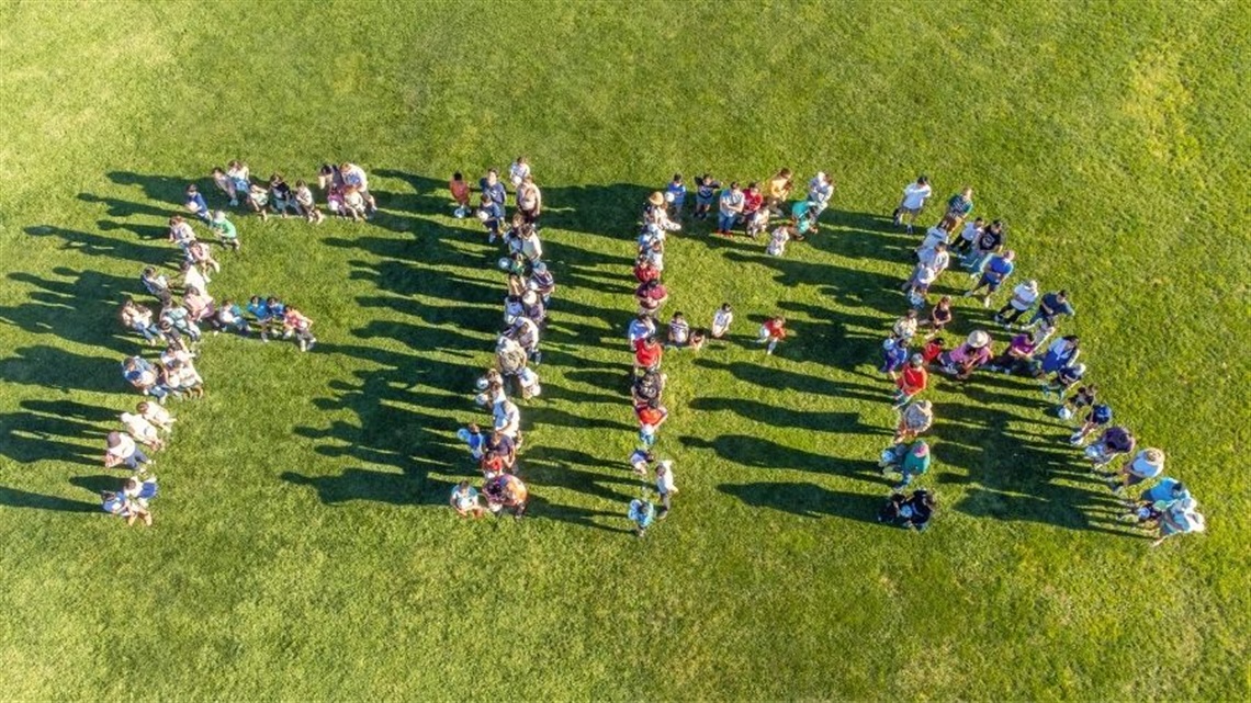 Families and children stand arranged over grassy field spelling out FIFA